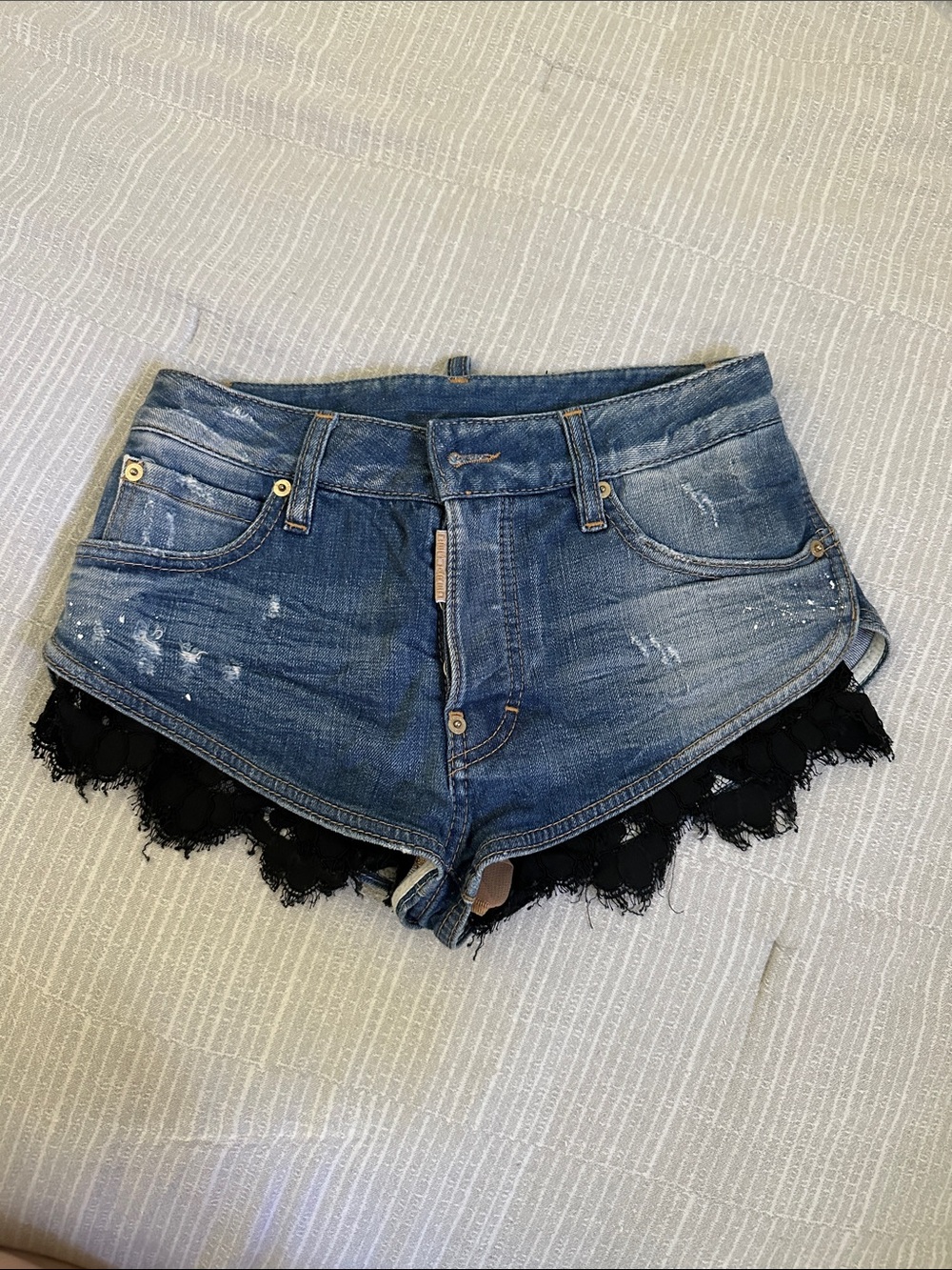 DSQUARED2 Blue Distressed Denim Shorts with Black Lace Hem